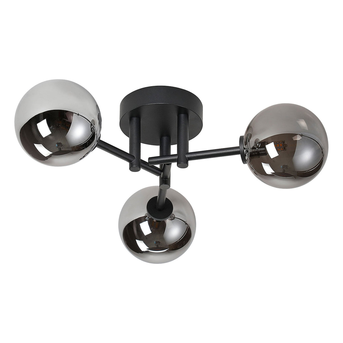 A modern three-sphere ceiling light with smoked glass shades and a black frame, unlit.