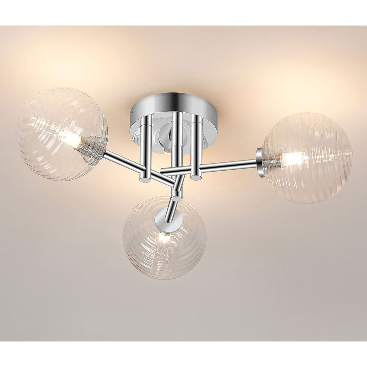 Tenterden Round 3 Light Semi Flush Ceiling Light in Chrome with Ribbed Round Clear Glass Diffusers