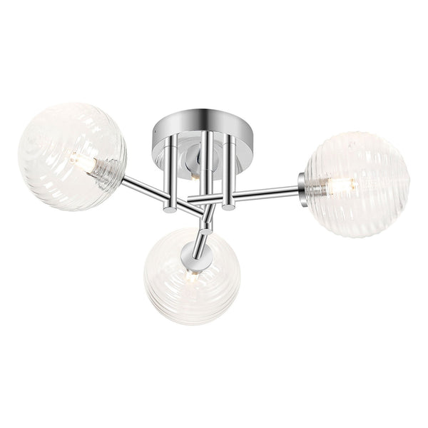 Tenterden Round 3 Light Semi Flush Ceiling Light in Chrome with Ribbed Round Clear Glass Diffusers