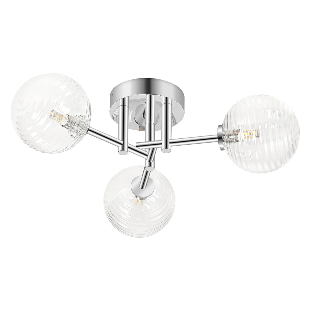 Tenterden Round 3 Light Semi Flush Ceiling Light in Chrome with Ribbed Round Clear Glass Diffusers