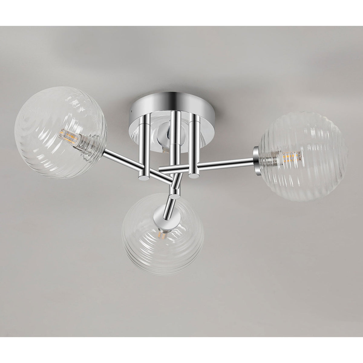 Tenterden Round 3 Light Semi Flush Ceiling Light in Chrome with Ribbed Round Clear Glass Diffusers