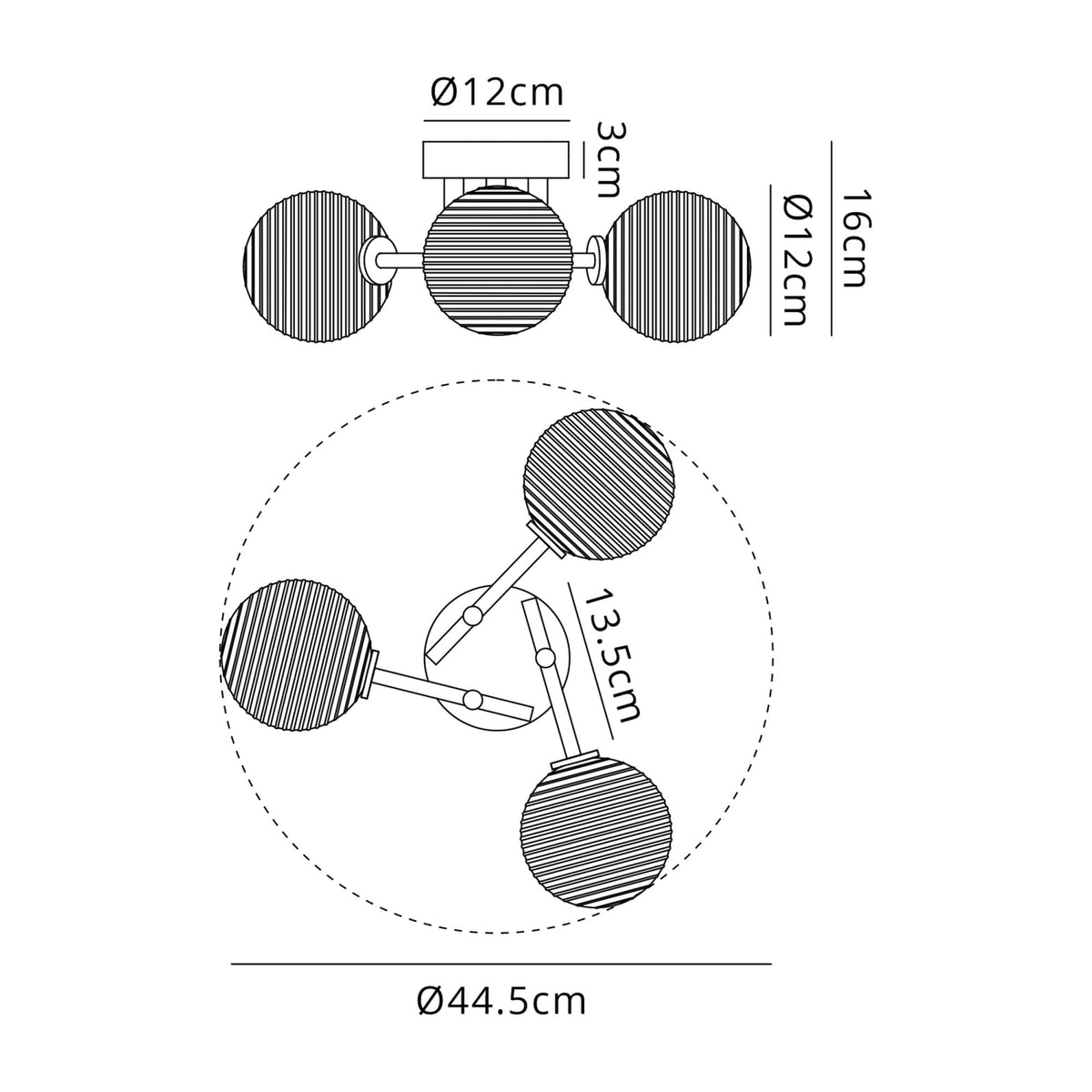 Tenterden Round 3 Light Semi Flush Ceiling Light in Satin Black with Ribbed Round Amber Glass Diffusers