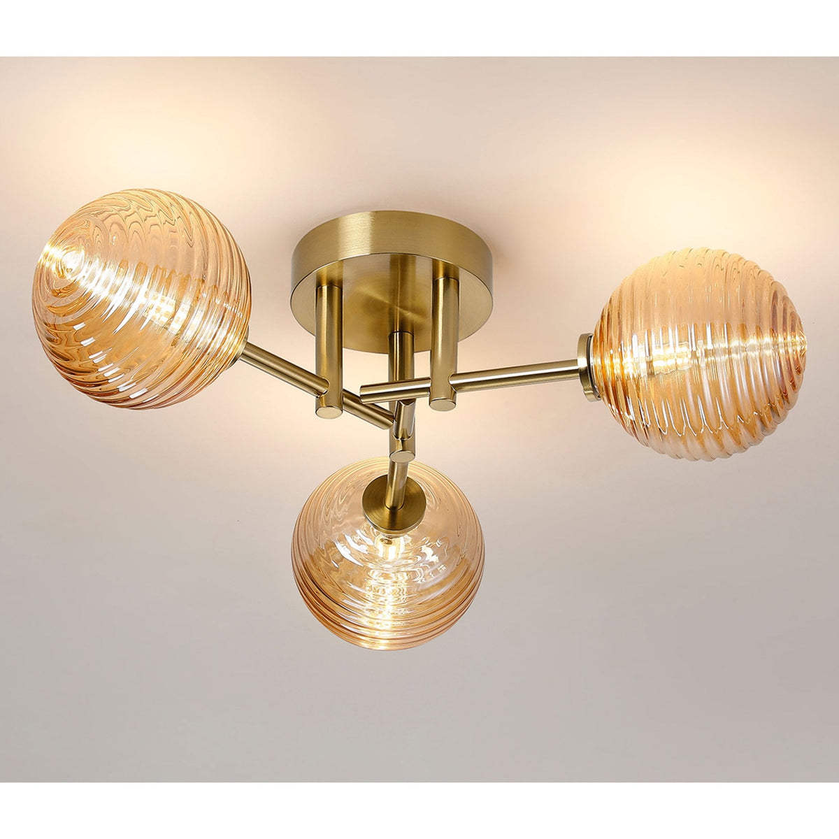 Tenterden Round 3 Light Semi Flush Ceiling Light in Brass Gold with Ribbed Round Amber Glass Diffusers