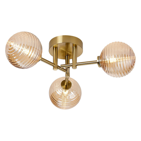 Tenterden Round 3 Light Semi Flush Ceiling Light in Brass Gold with Ribbed Round Amber Glass Diffusers