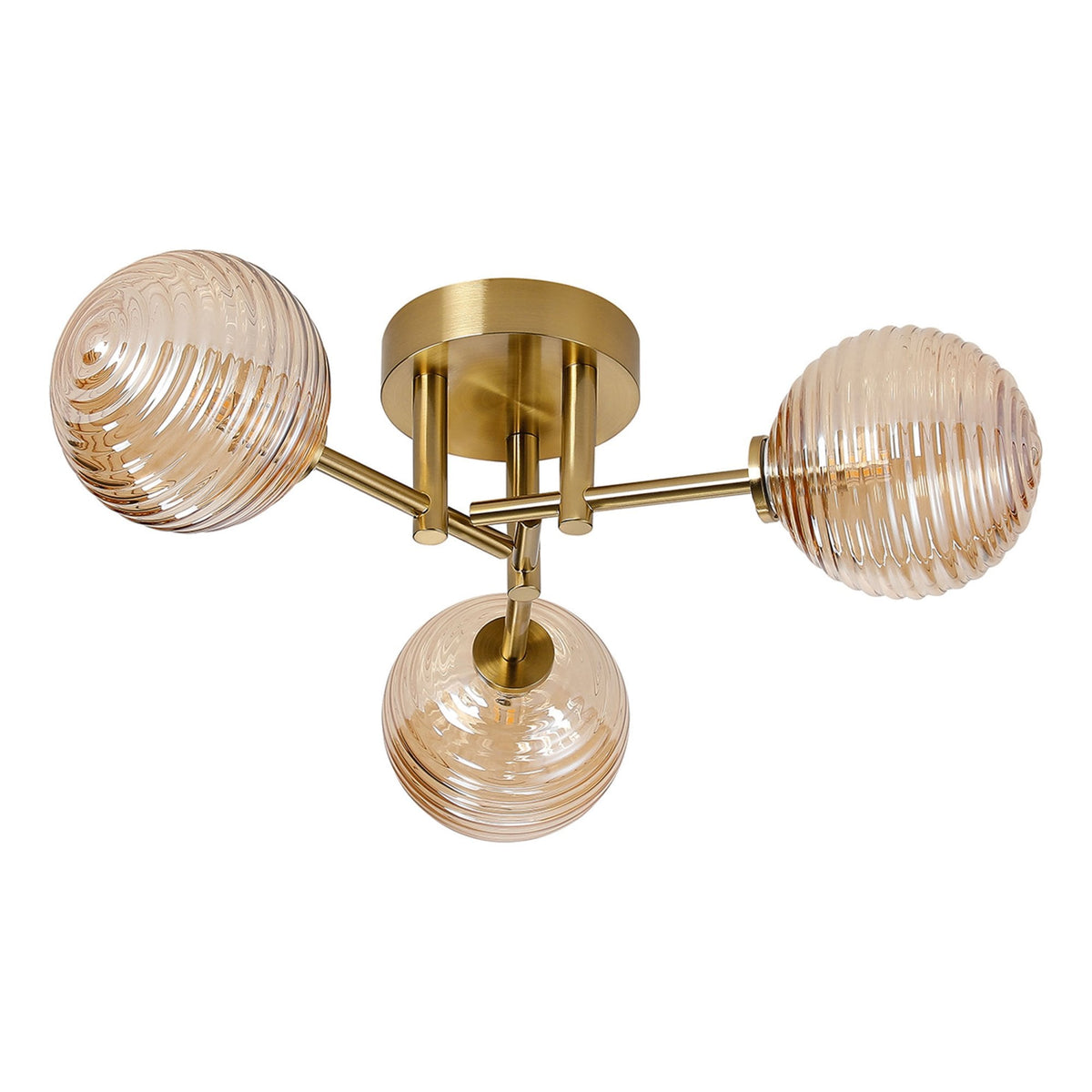Tenterden Round 3 Light Semi Flush Ceiling Light in Brass Gold with Ribbed Round Amber Glass Diffusers
