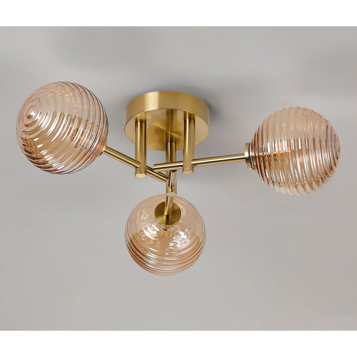 Tenterden Round 3 Light Semi Flush Ceiling Light in Brass Gold with Ribbed Round Amber Glass Diffusers