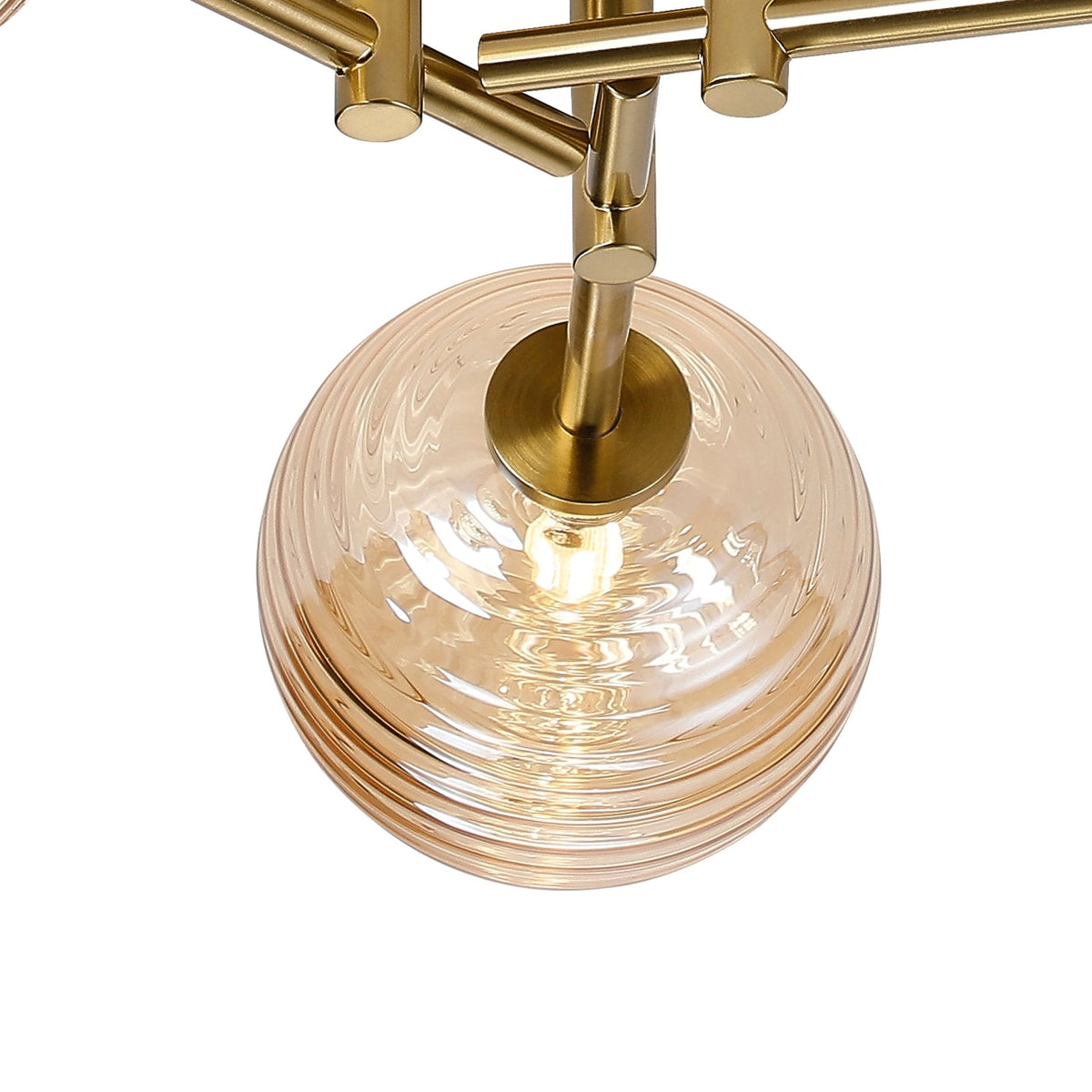 Tenterden Round 3 Light Semi Flush Ceiling Light in Brass Gold with Ribbed Round Amber Glass Diffusers