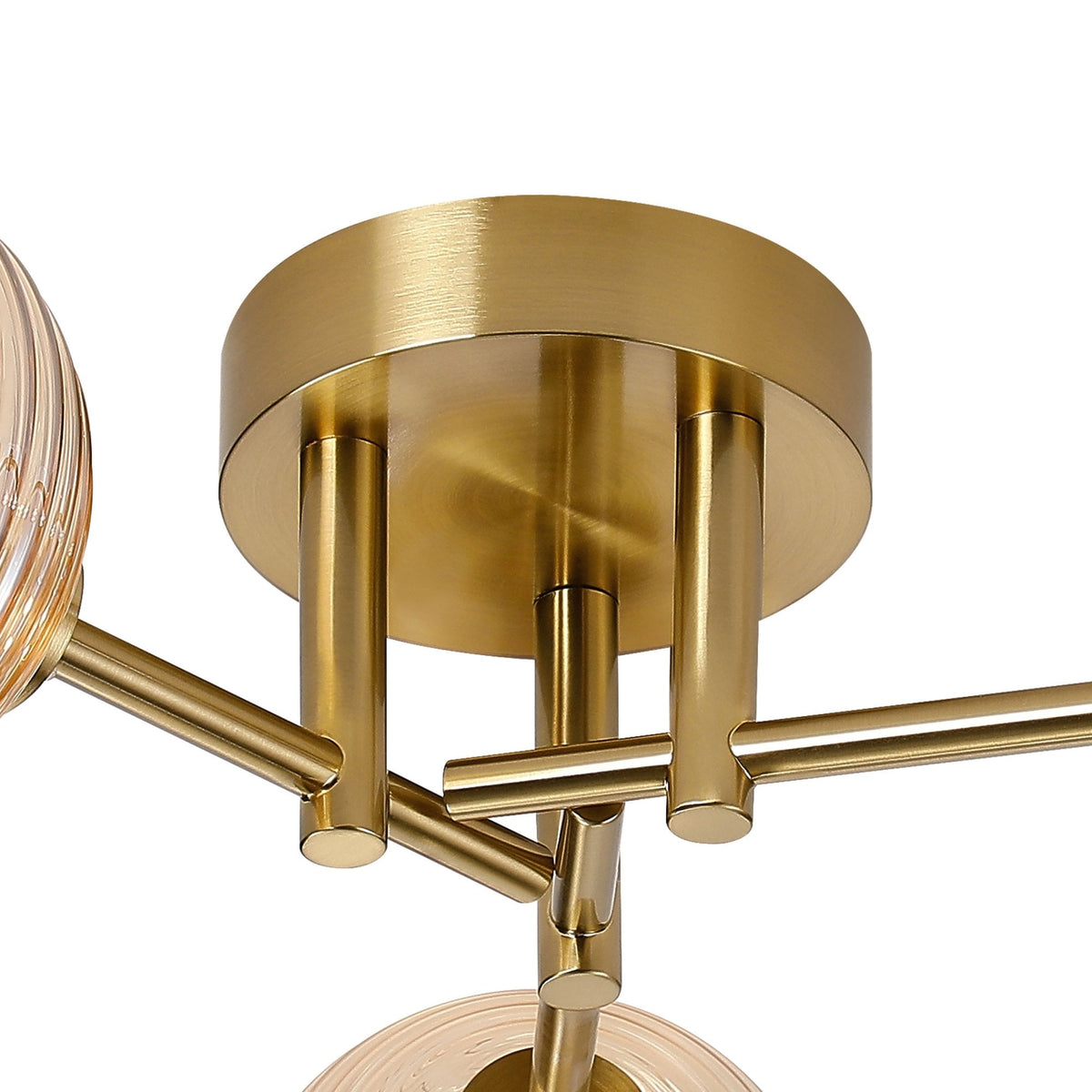 Tenterden Round 3 Light Semi Flush Ceiling Light in Brass Gold with Ribbed Round Amber Glass Diffusers
