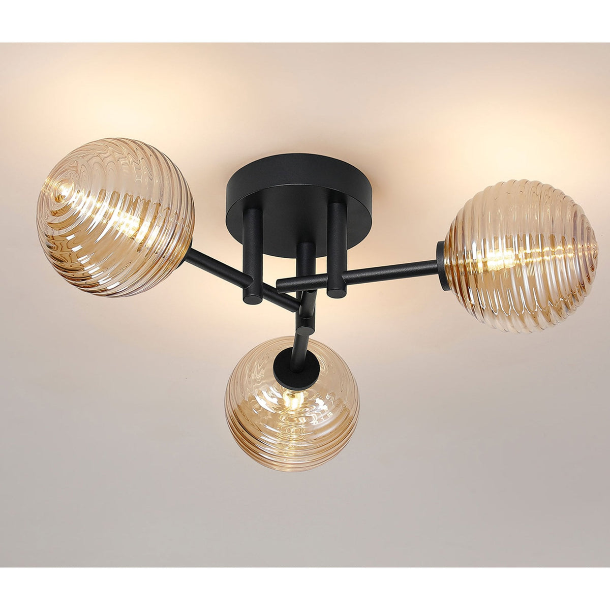 Tenterden Round 3 Light Semi Flush Ceiling Light in Satin Black with Ribbed Round Amber Glass Diffusers