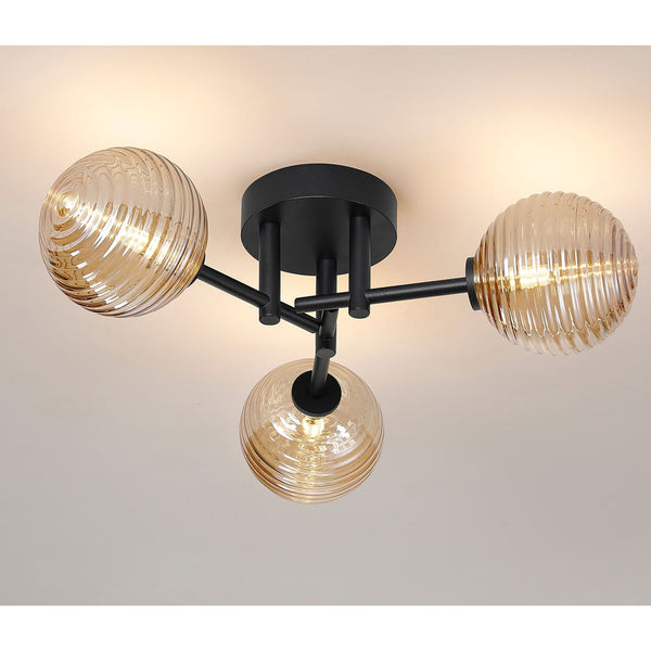 Tenterden Round 3 Light Semi Flush Ceiling Light in Satin Black with Ribbed Round Amber Glass Diffusers