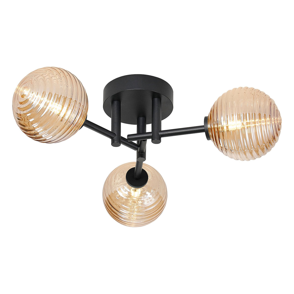 Tenterden Round 3 Light Semi Flush Ceiling Light in Satin Black with Ribbed Round Amber Glass Diffusers