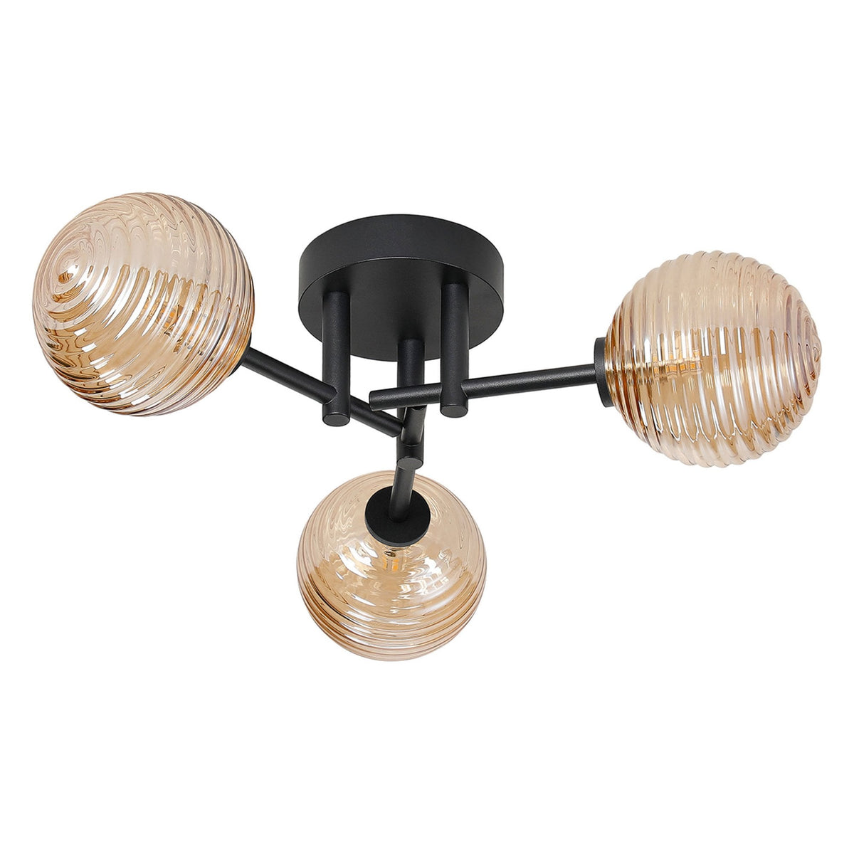 Tenterden Round 3 Light Semi Flush Ceiling Light in Satin Black with Ribbed Round Amber Glass Diffusers