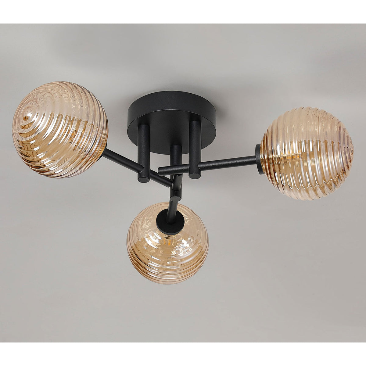 Tenterden Round 3 Light Semi Flush Ceiling Light in Satin Black with Ribbed Round Amber Glass Diffusers