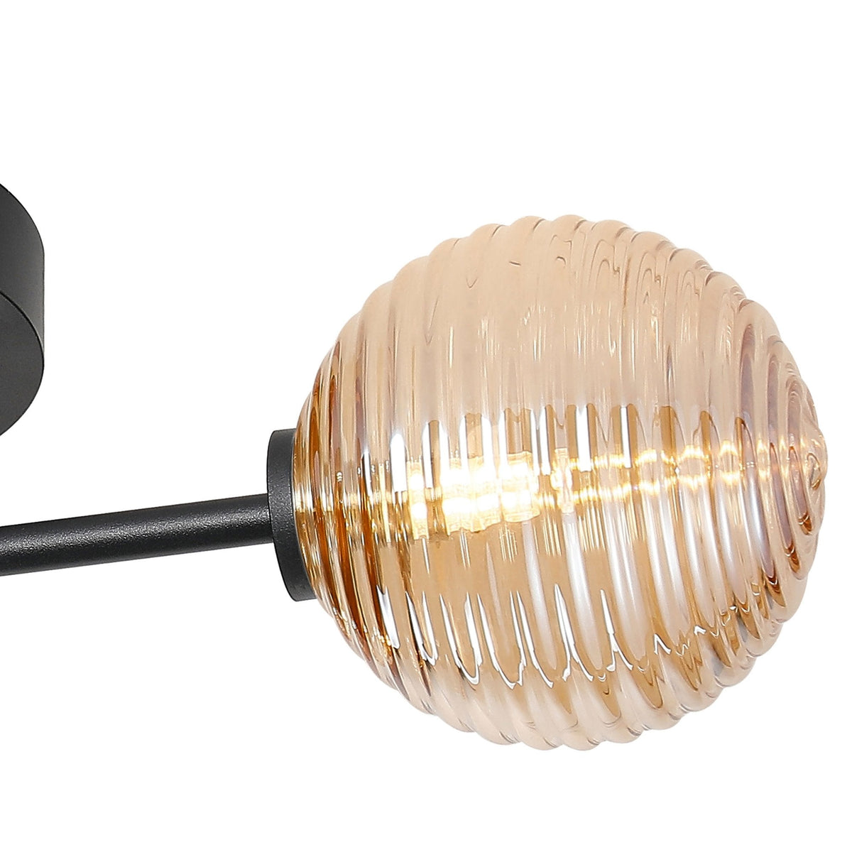 Tenterden Round 3 Light Semi Flush Ceiling Light in Satin Black with Ribbed Round Amber Glass Diffusers