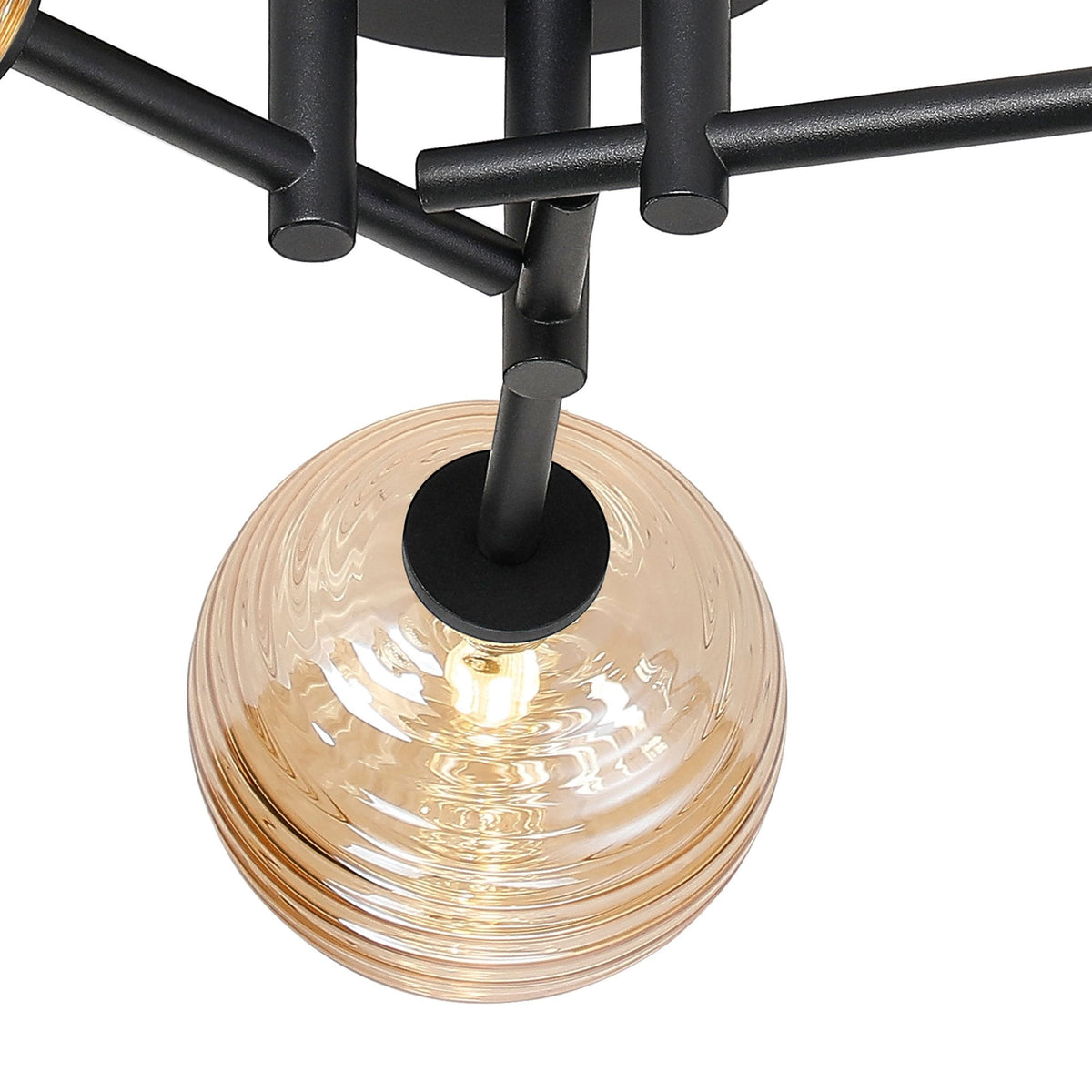 Tenterden Round 3 Light Semi Flush Ceiling Light in Satin Black with Ribbed Round Amber Glass Diffusers