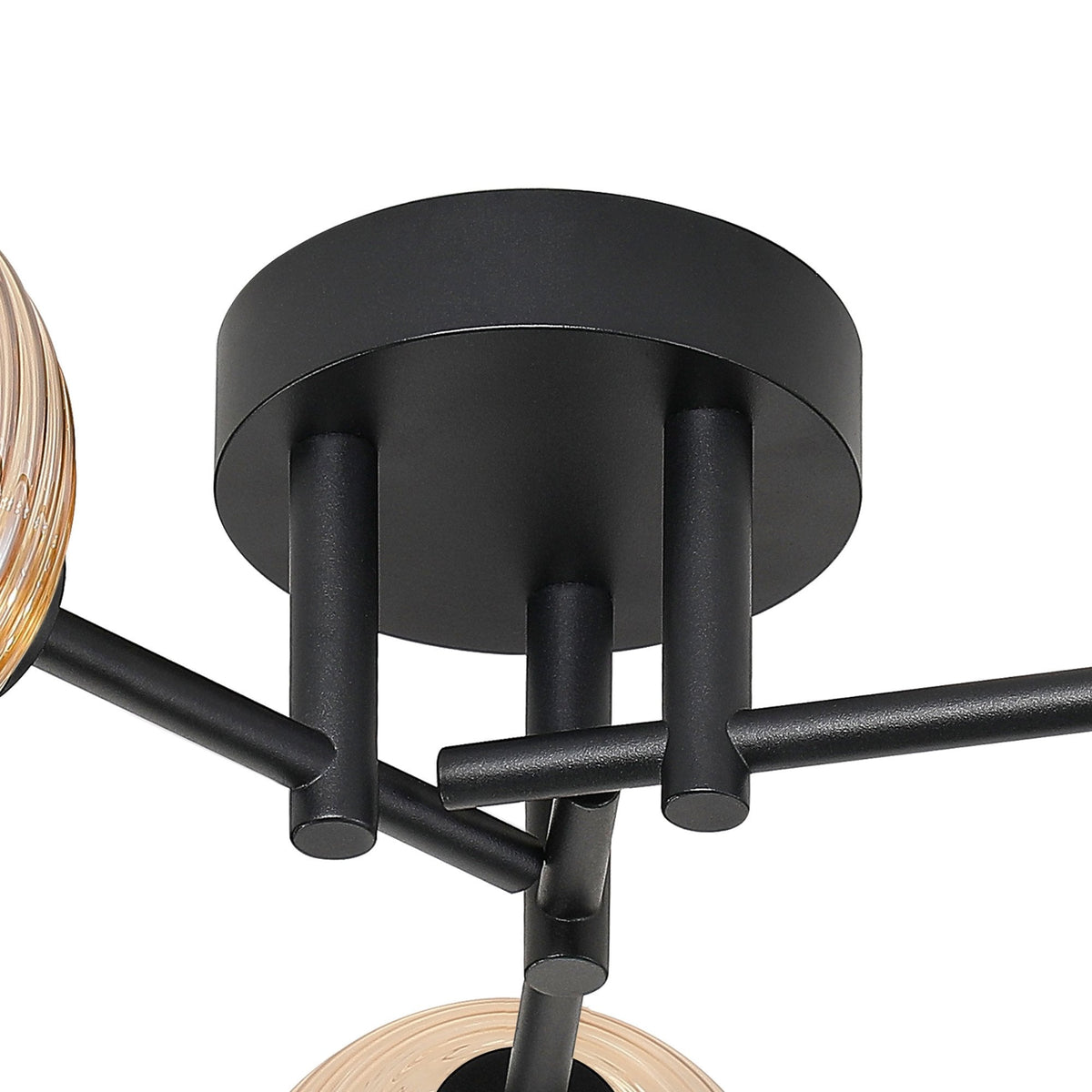 Tenterden Round 3 Light Semi Flush Ceiling Light in Satin Black with Ribbed Round Amber Glass Diffusers