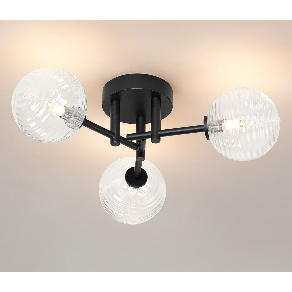 Tenterden Round 3 Light Semi Flush Ceiling Light in Satin Black with Ribbed Round Clear Glass Diffusers
