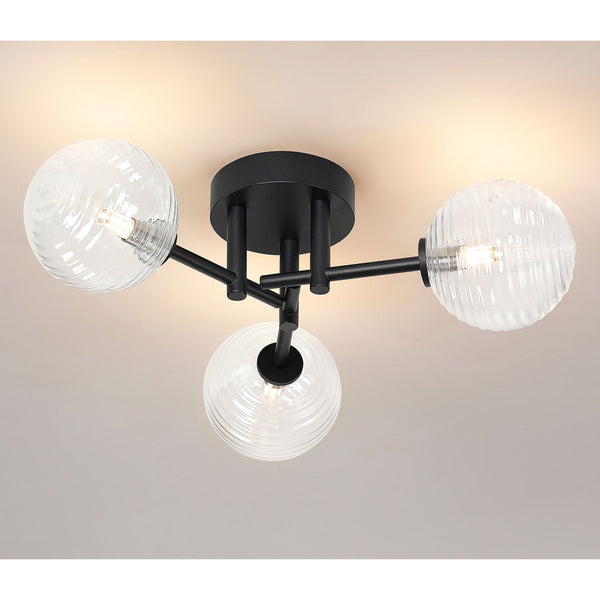 Tenterden Round 3 Light Semi Flush Ceiling Light in Satin Black with Ribbed Round Clear Glass Diffusers