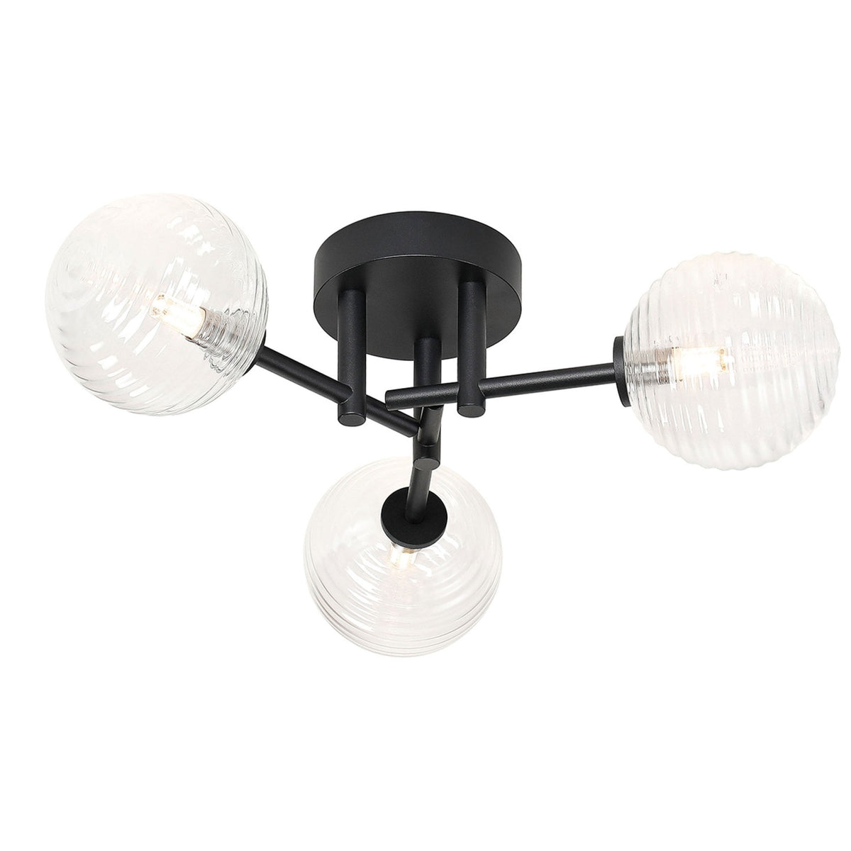 Tenterden Round 3 Light Semi Flush Ceiling Light in Satin Black with Ribbed Round Clear Glass Diffusers