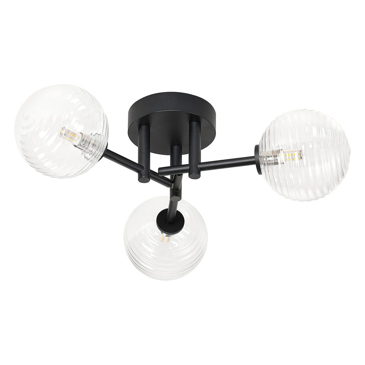 Tenterden Round 3 Light Semi Flush Ceiling Light in Satin Black with Ribbed Round Clear Glass Diffusers