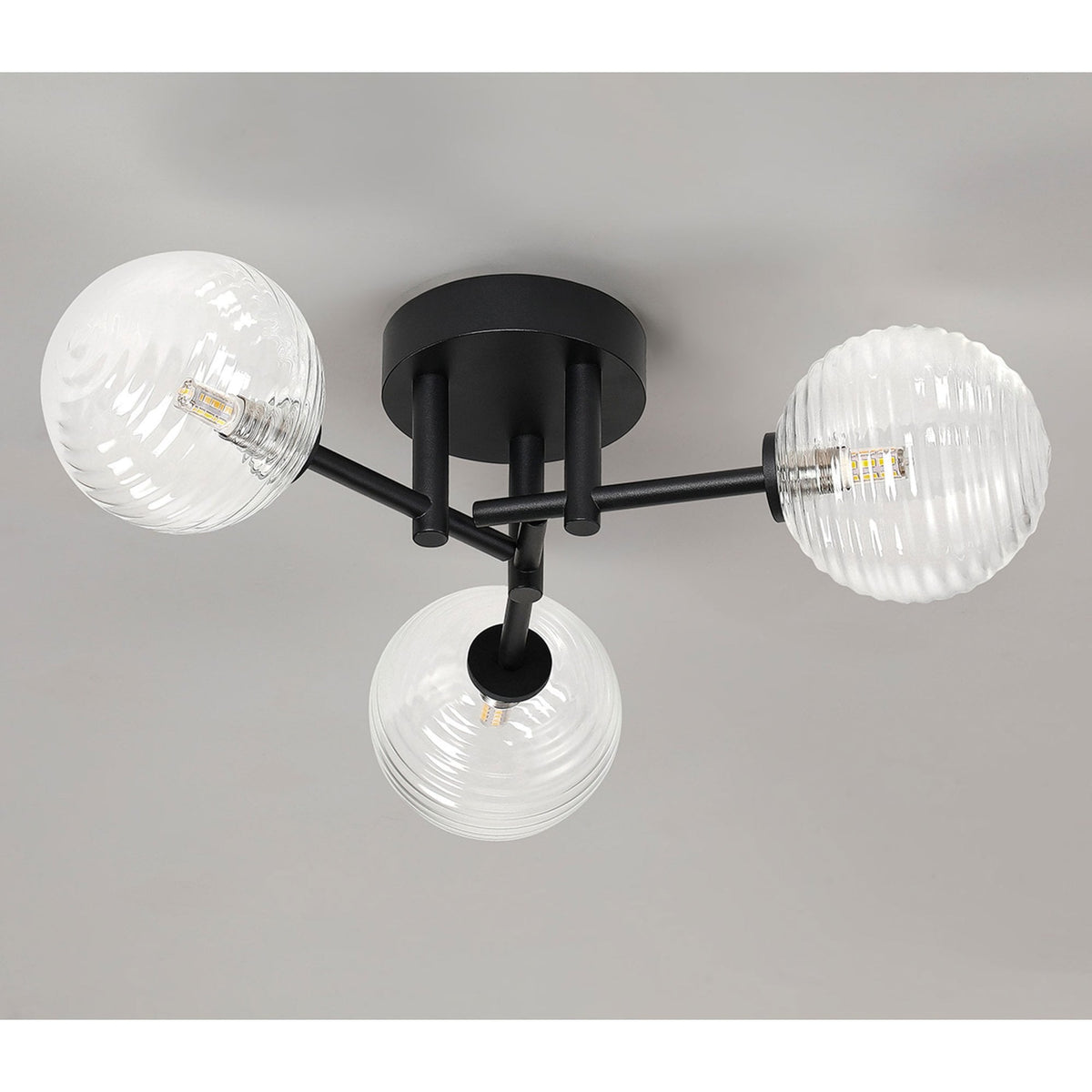 Tenterden Round 3 Light Semi Flush Ceiling Light in Satin Black with Ribbed Round Clear Glass Diffusers