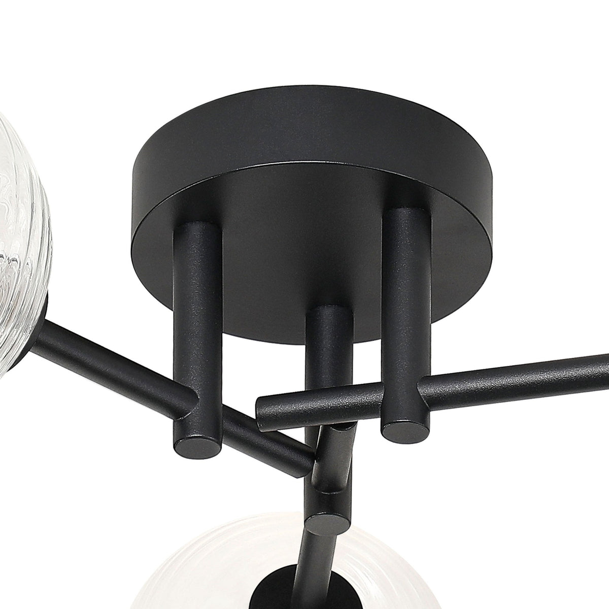 Tenterden Round 3 Light Semi Flush Ceiling Light in Satin Black with Ribbed Round Clear Glass Diffusers