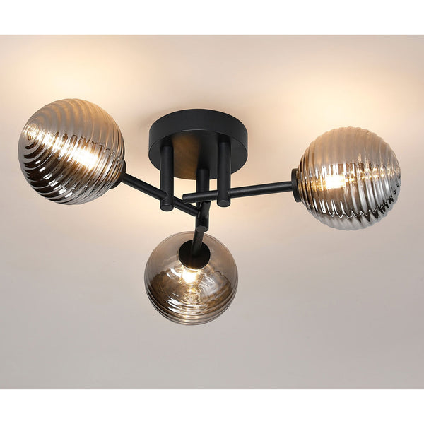 Tenterden Round 3 Light Semi Flush Ceiling Light in Satin Black with Ribbed Round Smoke Glass Diffusers