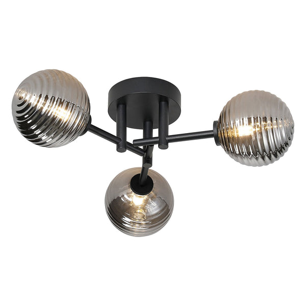 Tenterden Round 3 Light Semi Flush Ceiling Light in Satin Black with Ribbed Round Smoke Glass Diffusers