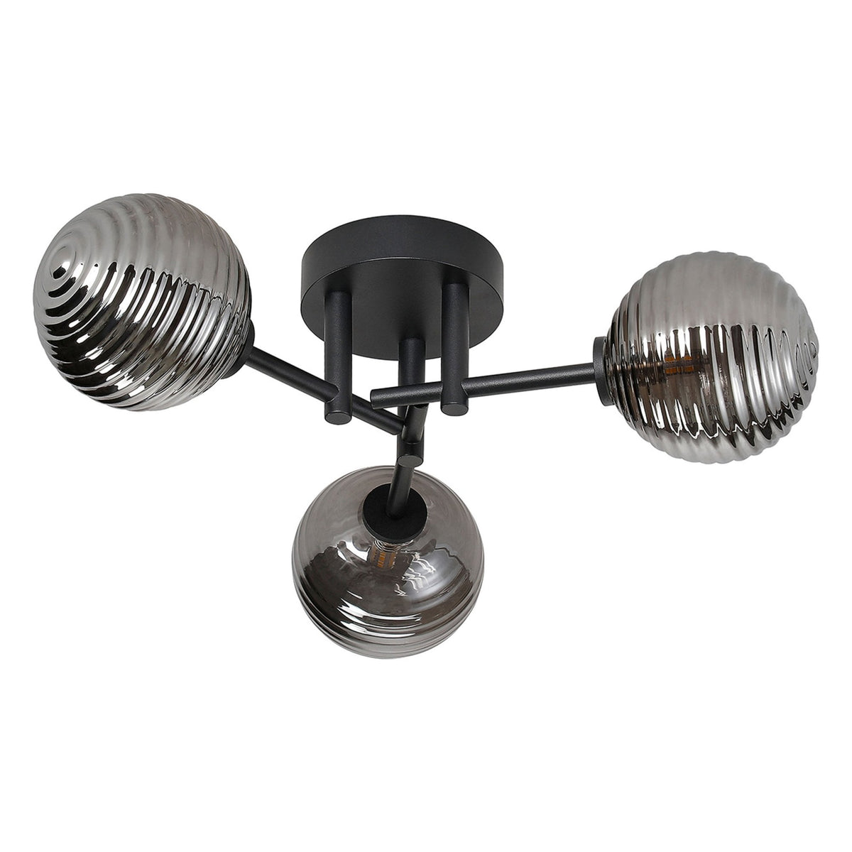 Tenterden Round 3 Light Semi Flush Ceiling Light in Satin Black with Ribbed Round Smoke Glass Diffusers