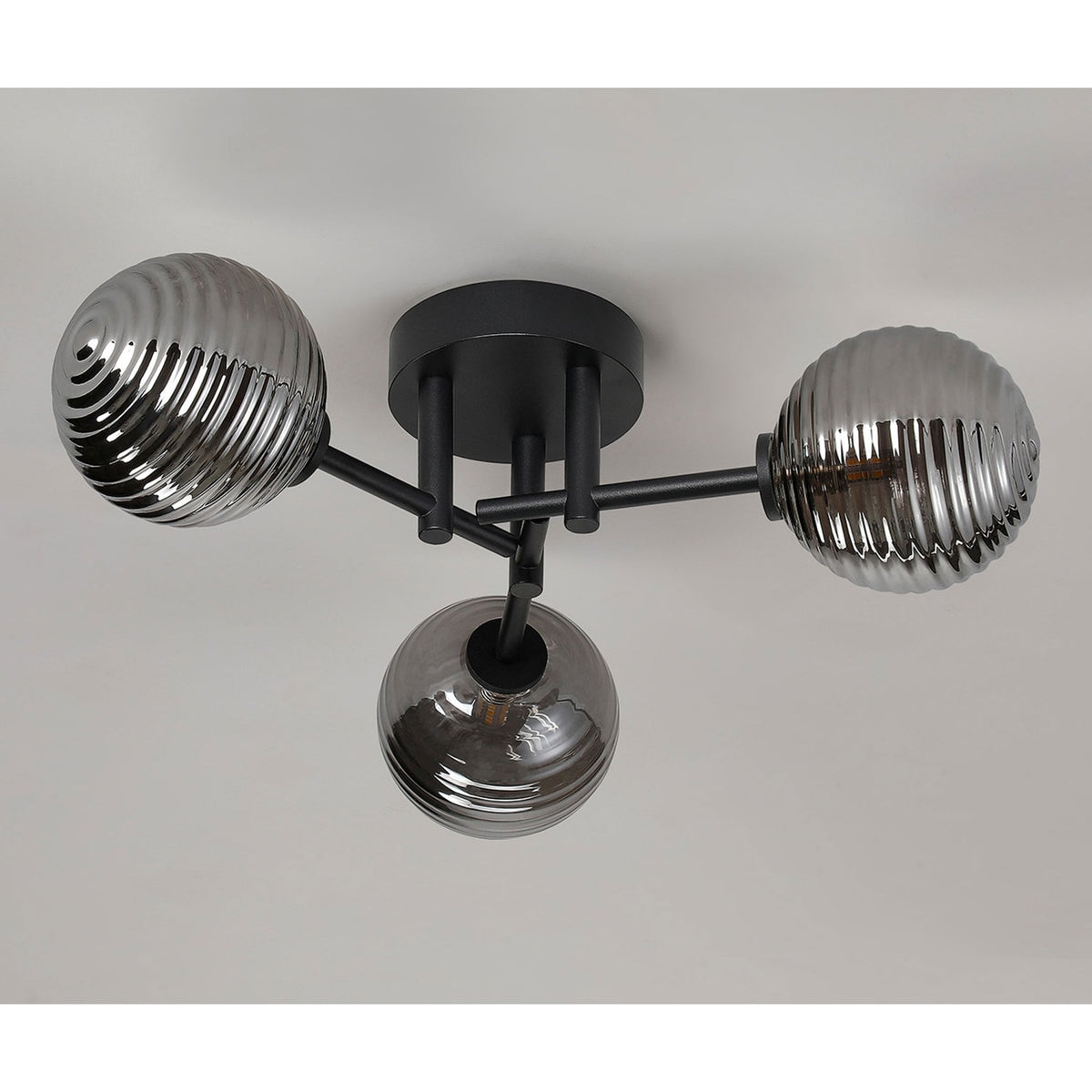 Tenterden Round 3 Light Semi Flush Ceiling Light in Satin Black with Ribbed Round Smoke Glass Diffusers