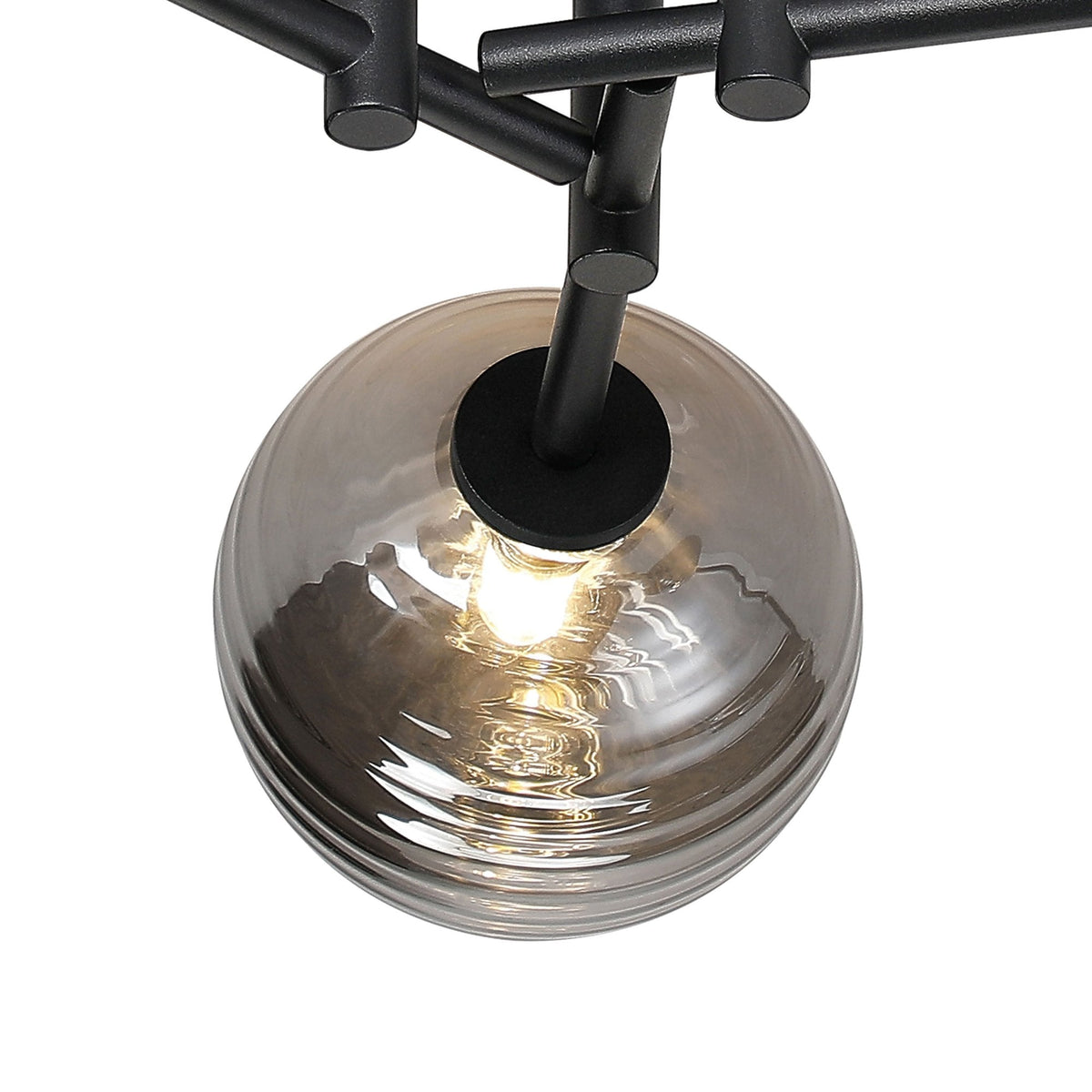 Tenterden Round 3 Light Semi Flush Ceiling Light in Satin Black with Ribbed Round Smoke Glass Diffusers
