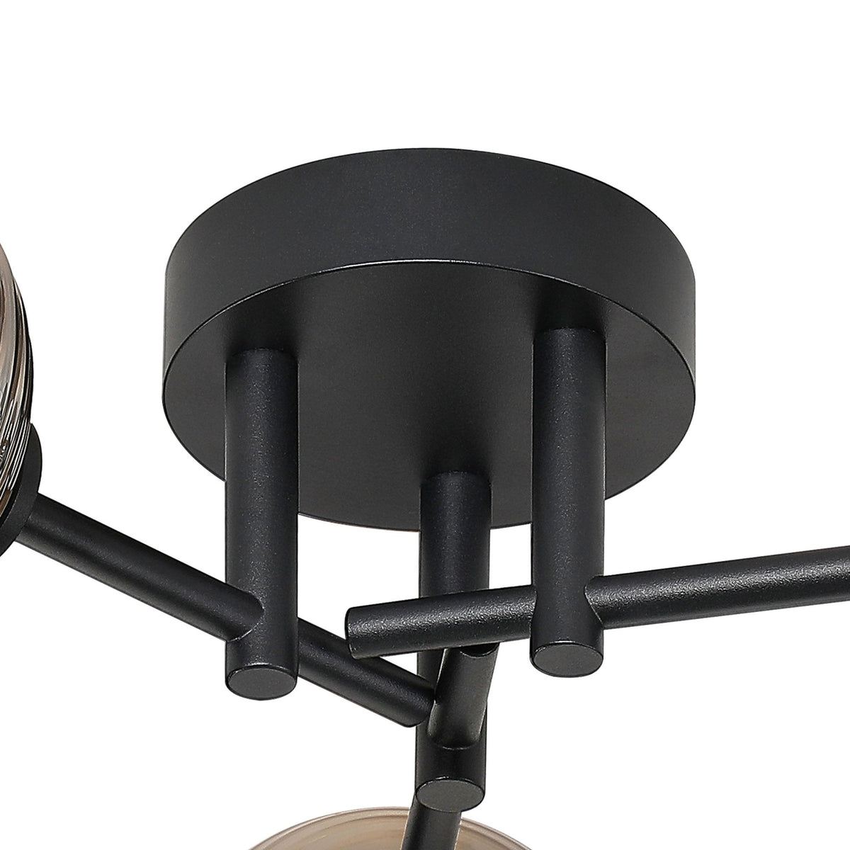 Tenterden Round 3 Light Semi Flush Ceiling Light in Satin Black with Ribbed Round Smoke Glass Diffusers