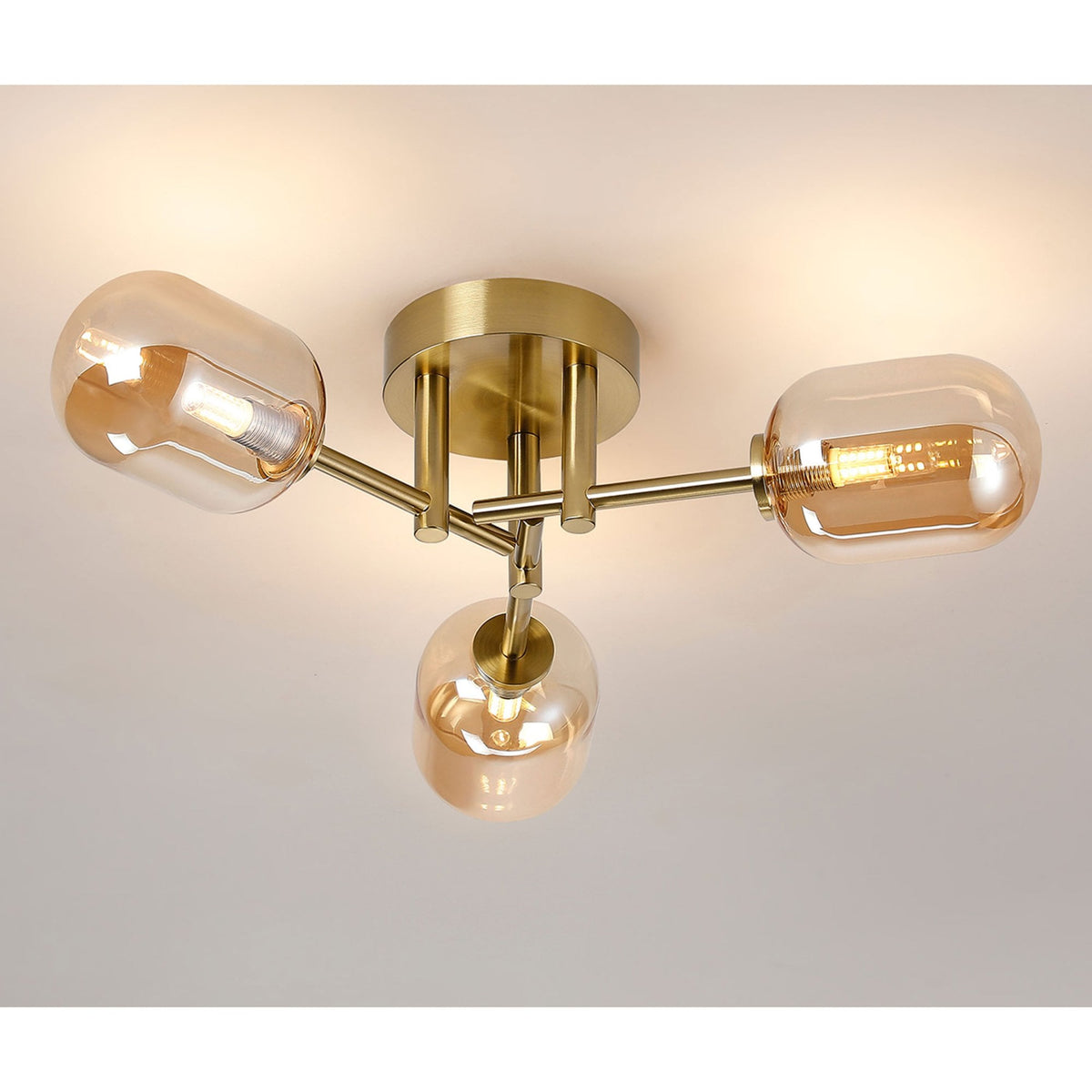 Tenterden Round 3 Light Semi Flush Ceiling Light in Brass Gold with Smooth Tubular Amber Glass Diffusers