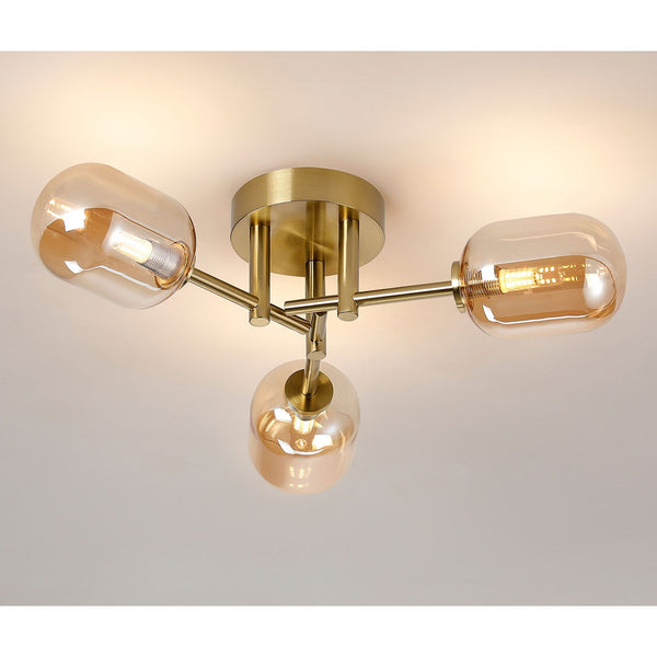 Tenterden Round 3 Light Semi Flush Ceiling Light in Brass Gold with Smooth Tubular Amber Glass Diffusers