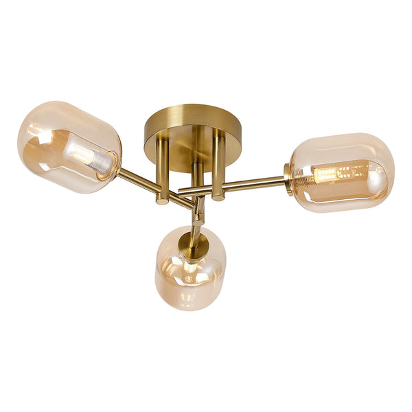 Tenterden Round 3 Light Semi Flush Ceiling Light in Brass Gold with Smooth Tubular Amber Glass Diffusers