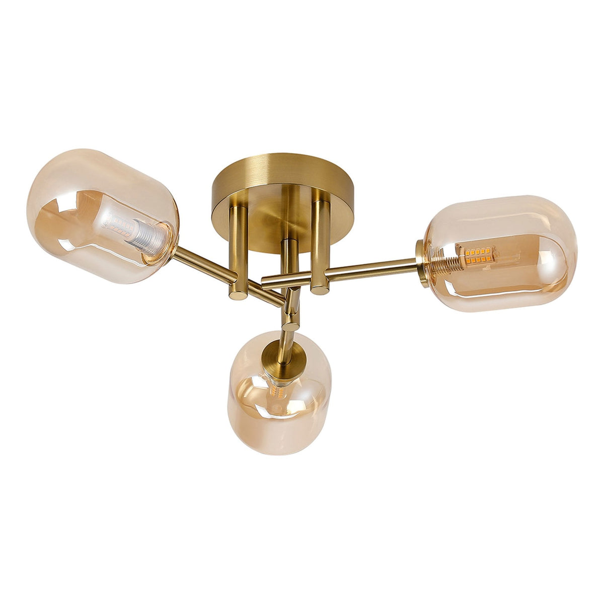 Tenterden Round 3 Light Semi Flush Ceiling Light in Brass Gold with Smooth Tubular Amber Glass Diffusers