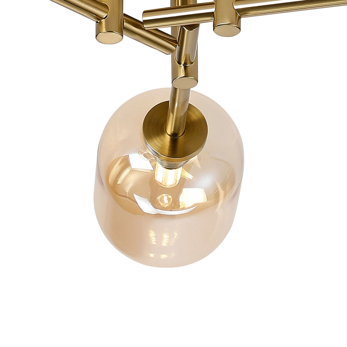 Tenterden Round 3 Light Semi Flush Ceiling Light in Brass Gold with Smooth Tubular Amber Glass Diffusers