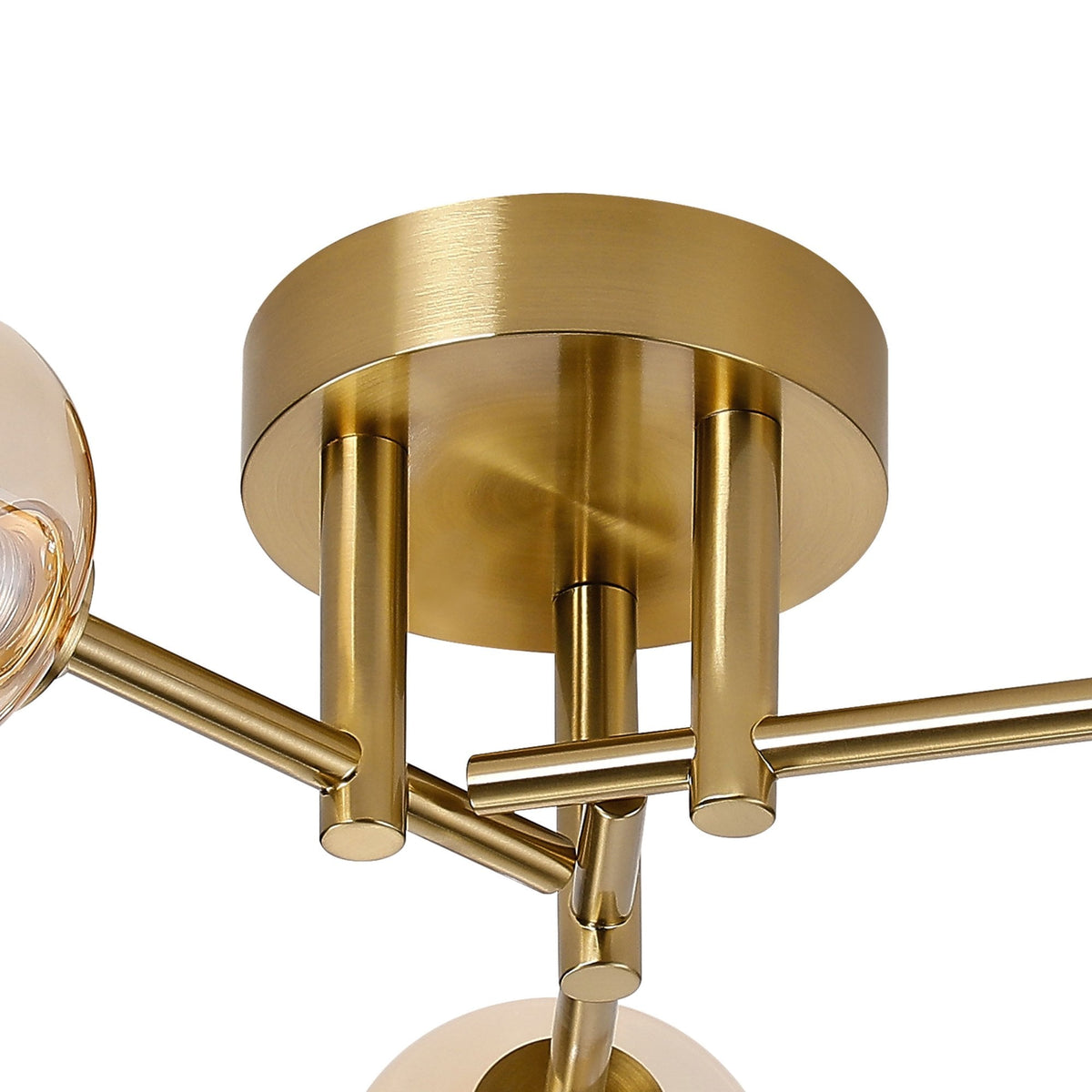 Tenterden Round 3 Light Semi Flush Ceiling Light in Brass Gold with Smooth Tubular Amber Glass Diffusers