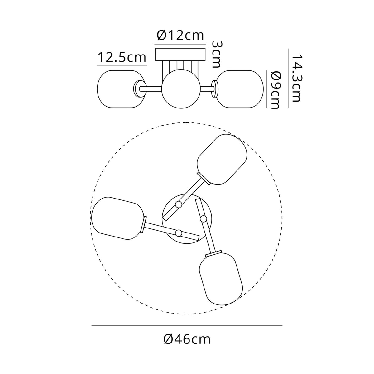 A diagram showing the dimensions of a three-arm ceiling light with oval shades.