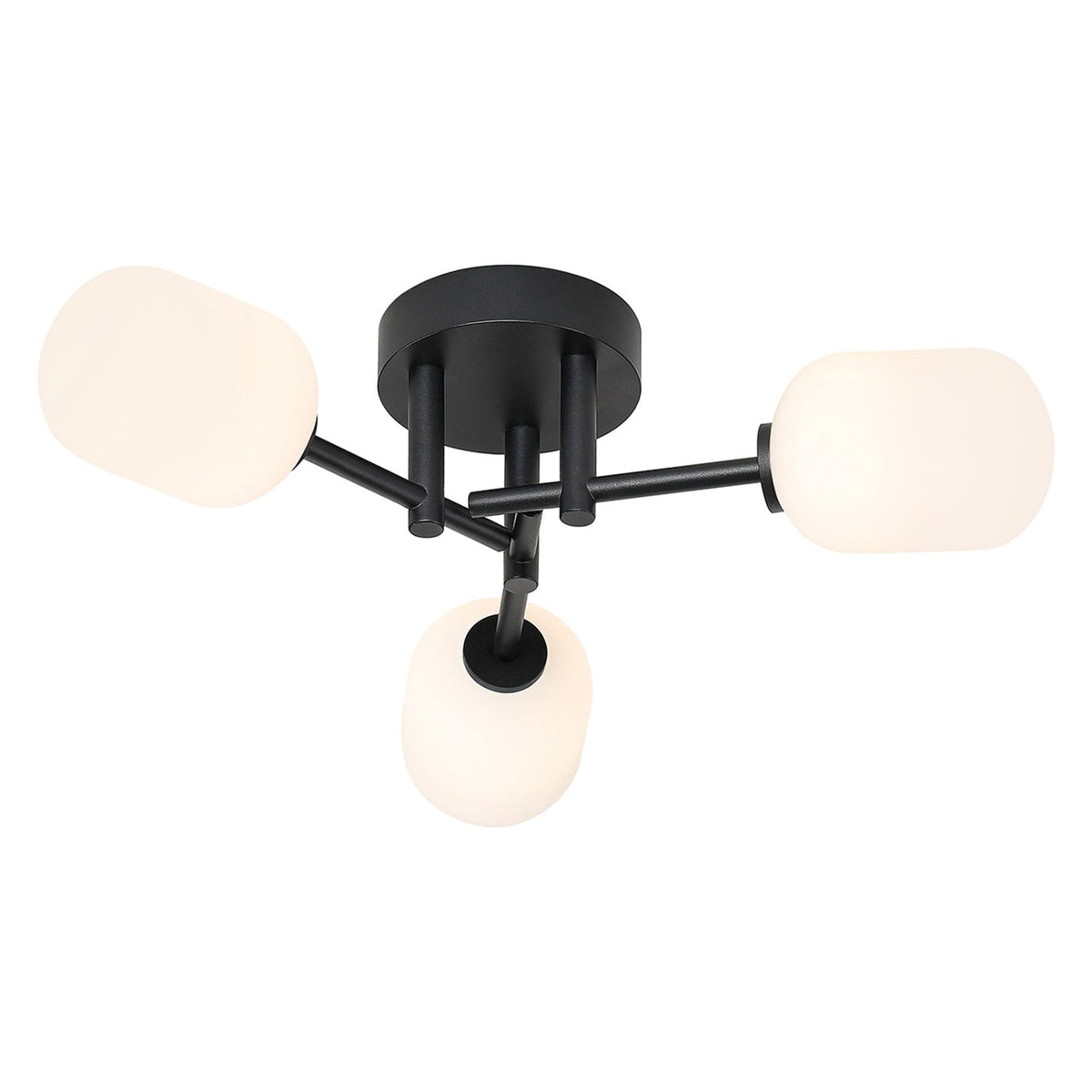 A modern black ceiling light featuring three white oval shades against a white background.