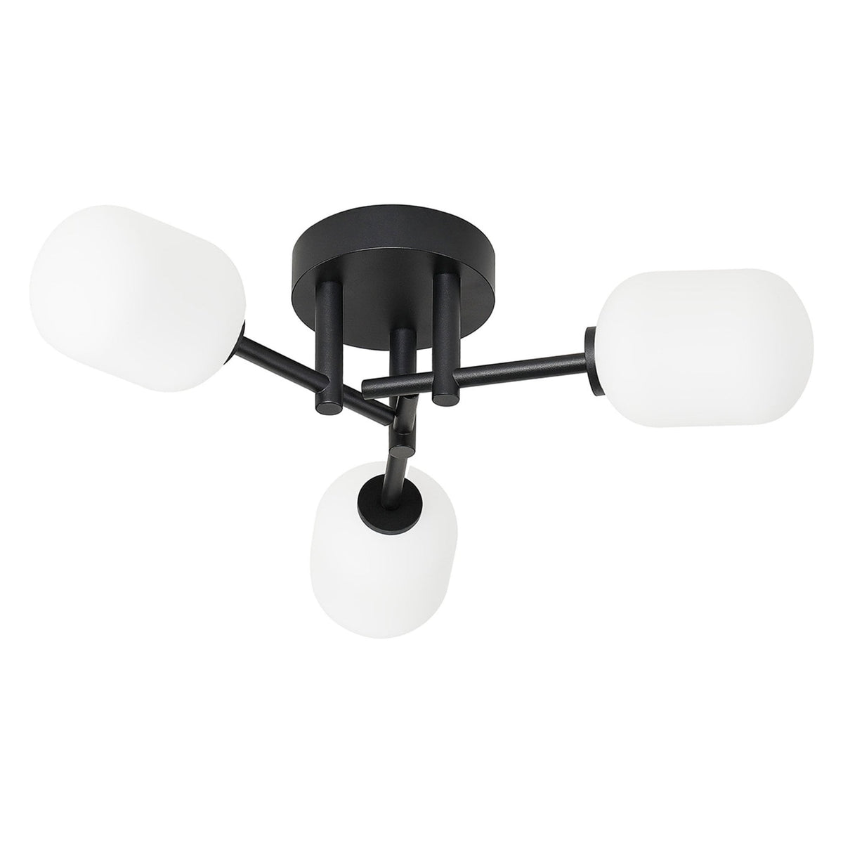 A sleek black three-arm ceiling light with three white glass shades, isolated on white.