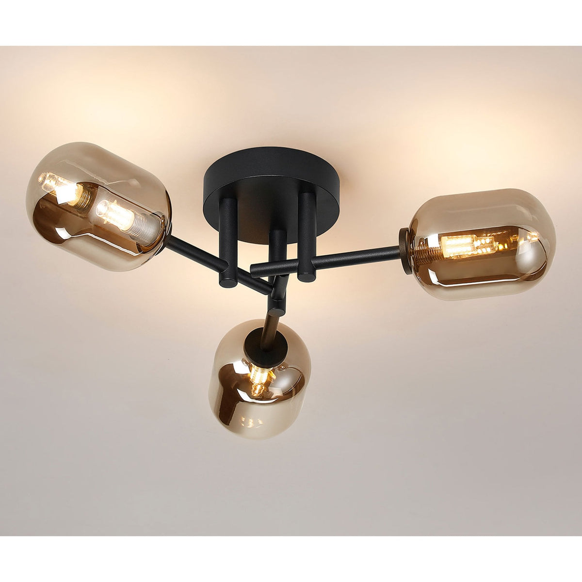 Tenterden Round 3 Light Semi Flush Ceiling Light in Satin Black with Smooth Tubular Smoke Glass Diffusers