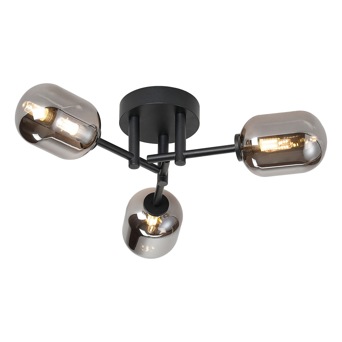 Tenterden Round 3 Light Semi Flush Ceiling Light in Satin Black with Smooth Tubular Smoke Glass Diffusers