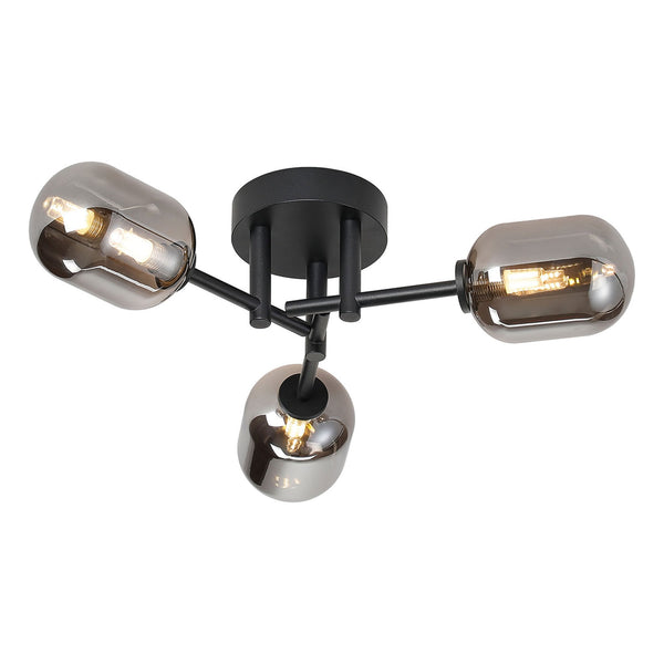 Tenterden Round 3 Light Semi Flush Ceiling Light in Satin Black with Smooth Tubular Smoke Glass Diffusers