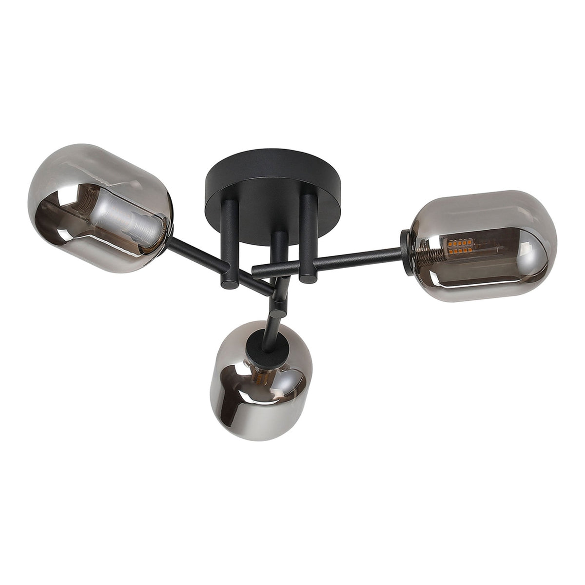 Tenterden Round 3 Light Semi Flush Ceiling Light in Satin Black with Smooth Tubular Smoke Glass Diffusers