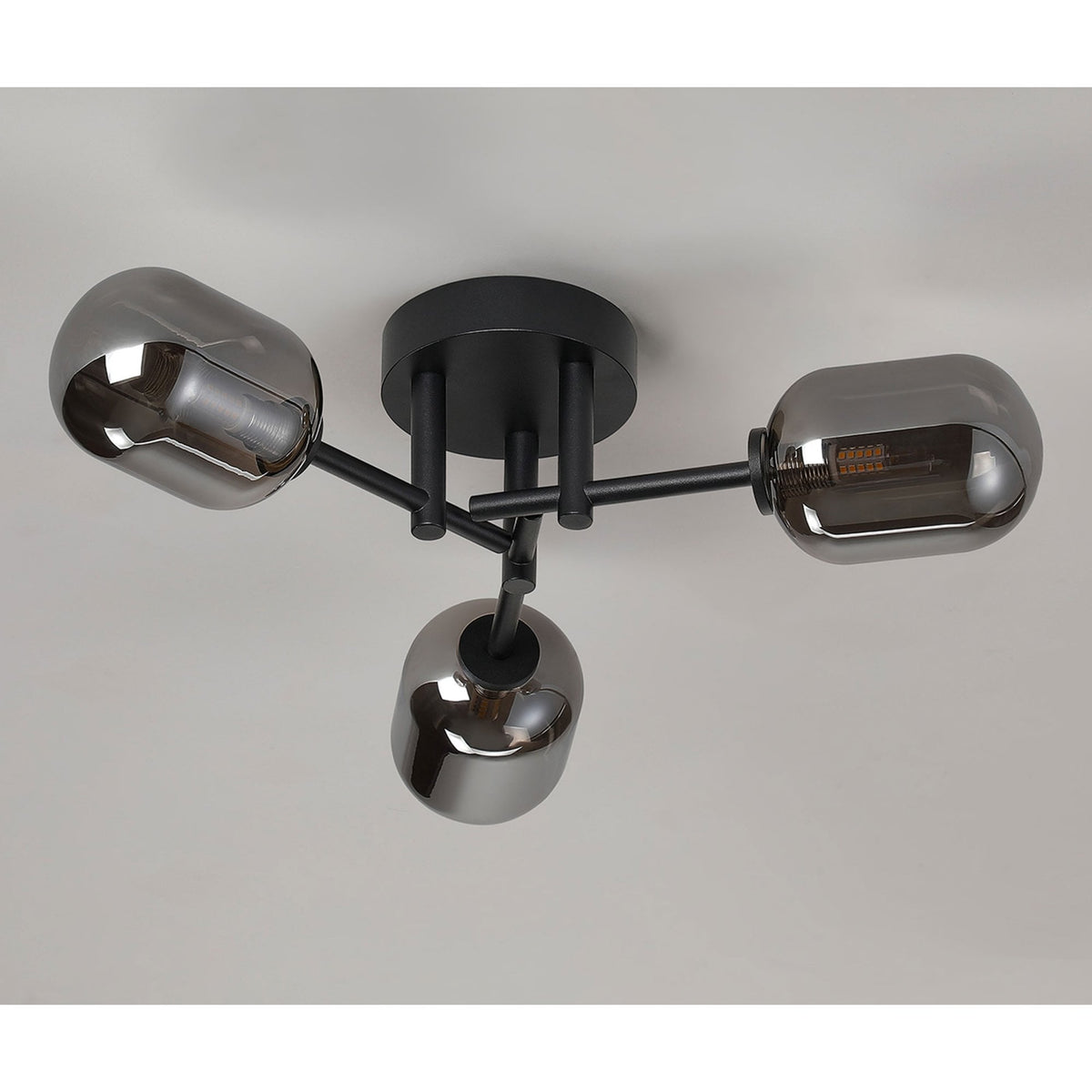 Tenterden Round 3 Light Semi Flush Ceiling Light in Satin Black with Smooth Tubular Smoke Glass Diffusers