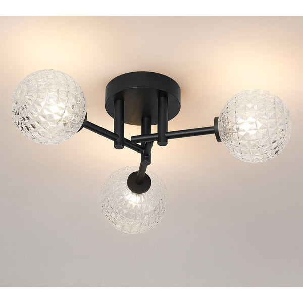 Tenterden Round 3 Light Semi Flush Ceiling Light in Satin Black with Cross Pattern Round Clear Glass Diffusers