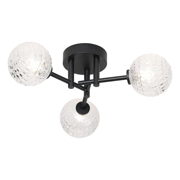 Tenterden Round 3 Light Semi Flush Ceiling Light in Satin Black with Cross Pattern Round Clear Glass Diffusers