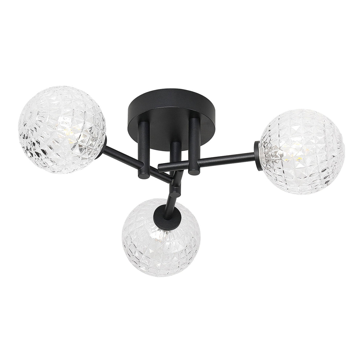 Tenterden Round 3 Light Semi Flush Ceiling Light in Satin Black with Cross Pattern Round Clear Glass Diffusers