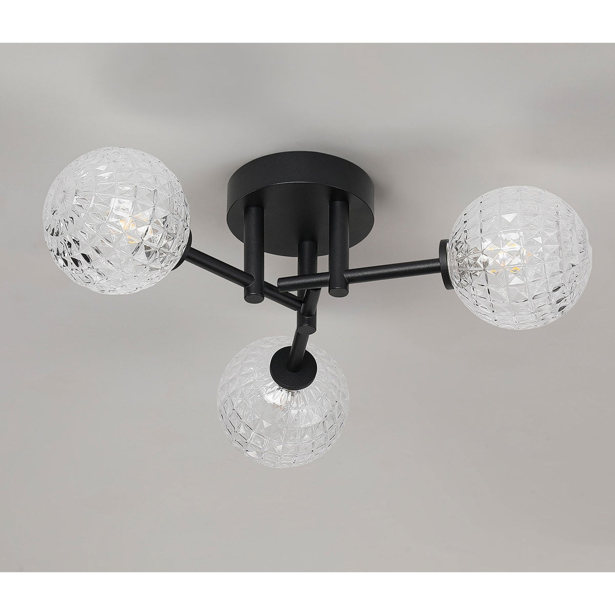 Tenterden Round 3 Light Semi Flush Ceiling Light in Satin Black with Cross Pattern Round Clear Glass Diffusers